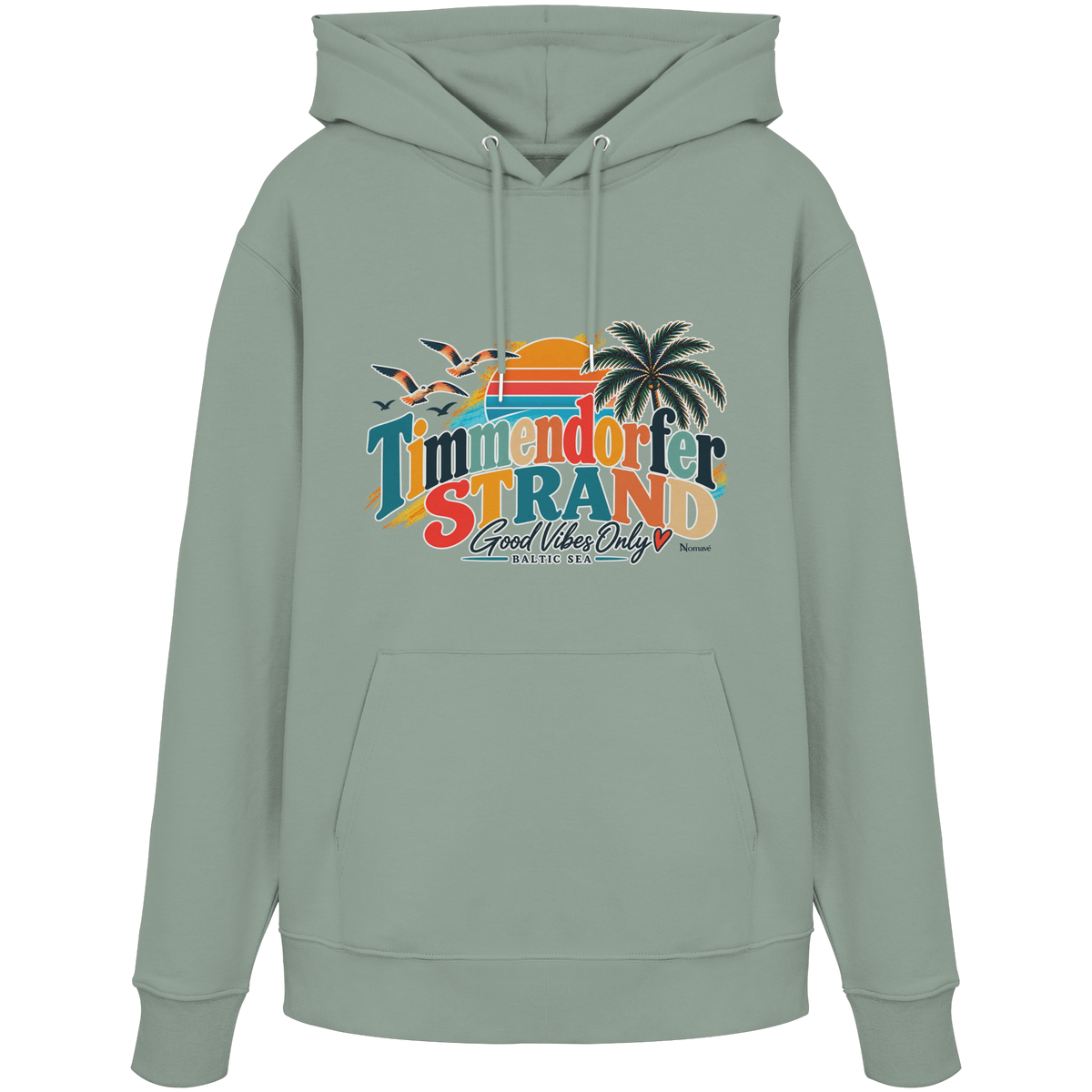 Unisex-Hoodie in Aloe mit Timmendorfer-Strand-Good-Vibes-Only-Frontprint, originales Shirtigo-Mockup.