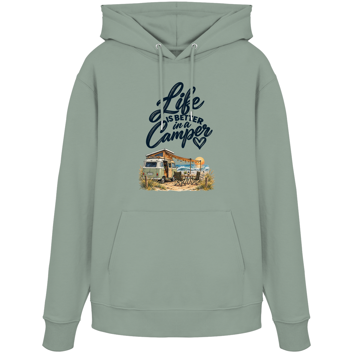 Bio Hoodie Kapuzenpullover mit „Life is better in a Camper“-Motiv – Vorderansicht in Aloe für Vanlife- und Campingfans