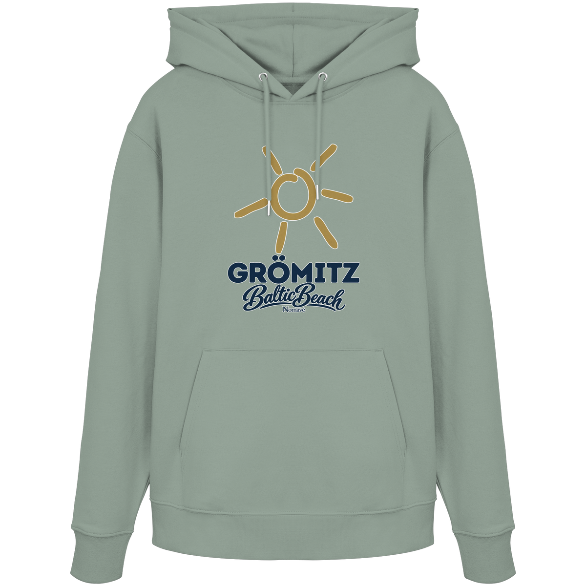Bio Unisex Hoodie Grömitz Sonne Baltic Beach in Aloe – Frontdruck mit goldener Sonne, Shirtigo-Originalmockup 4
