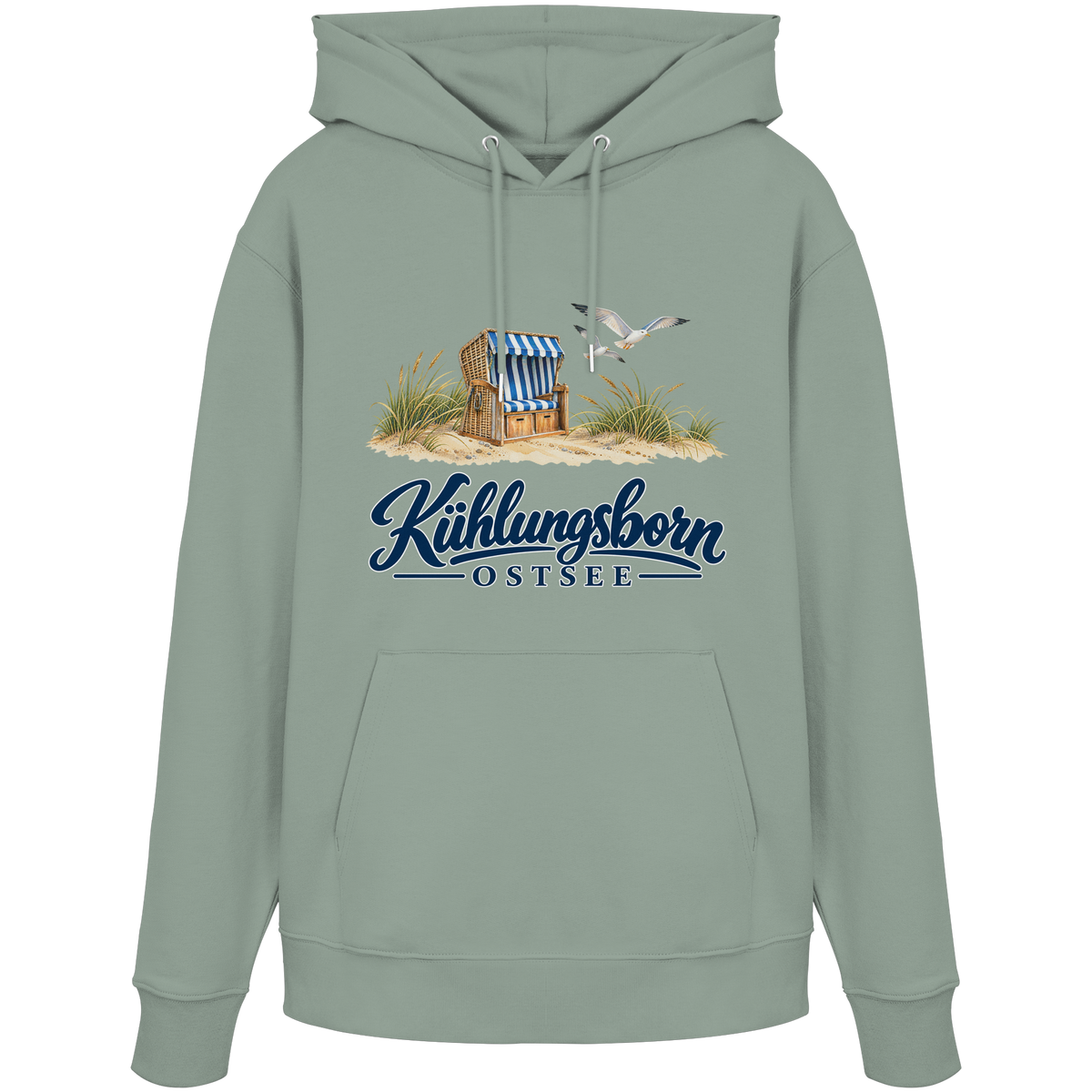 Bio-Unisex-Hoodie Kühlungsborn – Strandkorb & Ostsee in Aloe, Shirtigo-Originalmockup der Vorderseite mit Strandkorbmotiv.