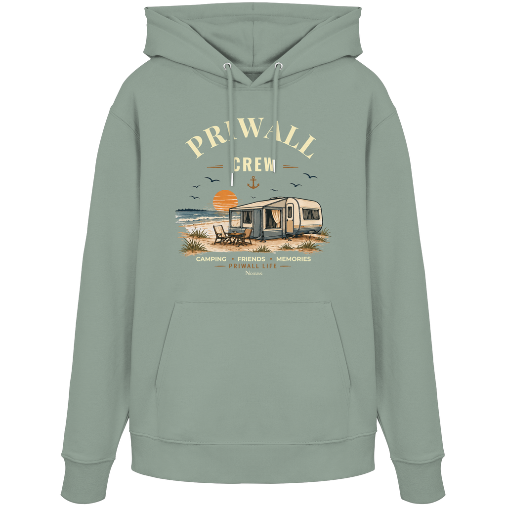 Bio Hoodie Kapuzenpullover in Aloe mit korrigiertem Priwall-Crew-Motiv der Dark Edition – Vorderansicht