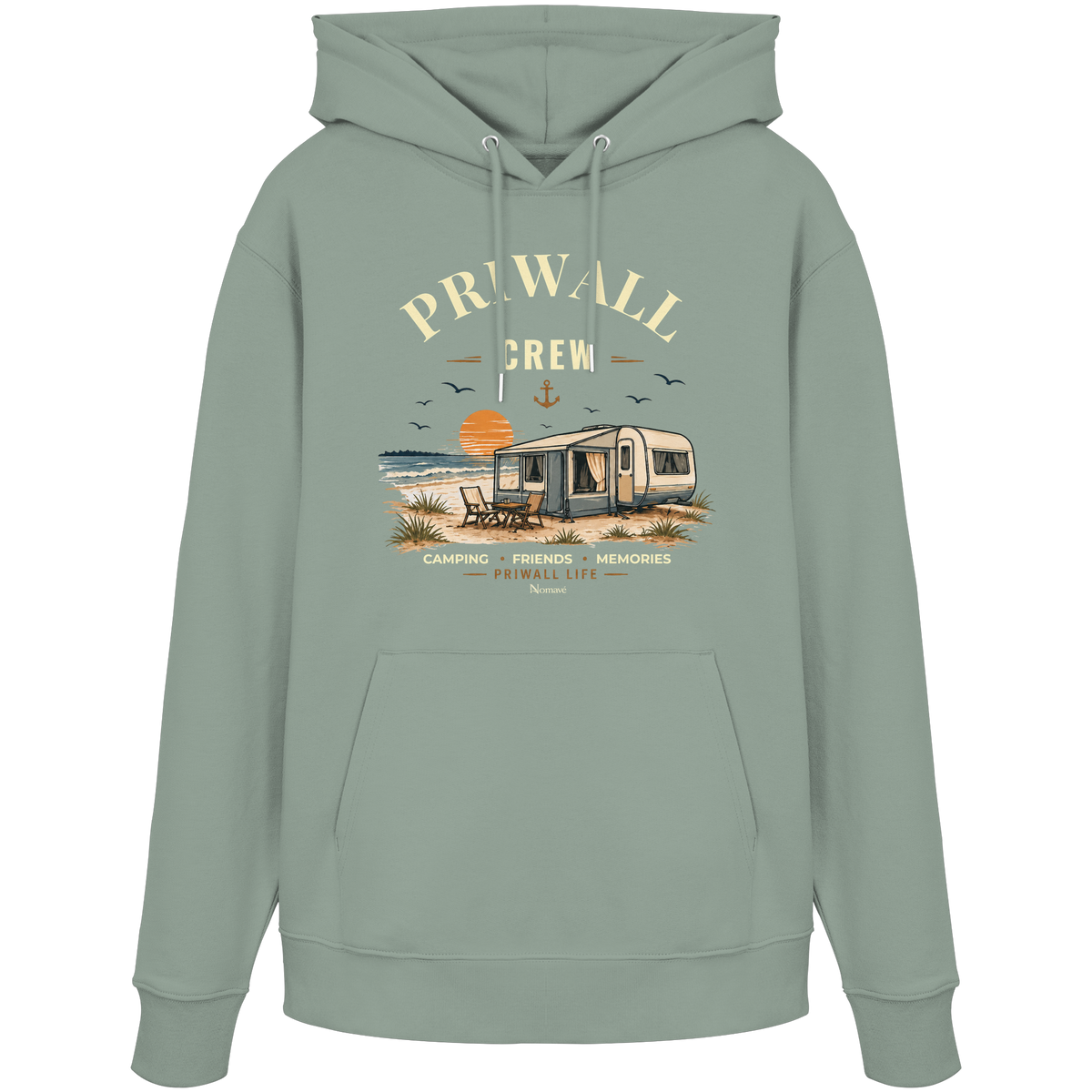 Bio Hoodie Kapuzenpullover in Aloe mit korrigiertem Priwall-Crew-Motiv der Dark Edition – Vorderansicht