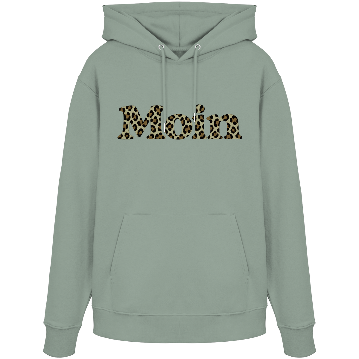 Bio Unisex Hoodie in Aloe mit Moin-Leoprint in Sage Green als Frontprint, Original-Mockup.