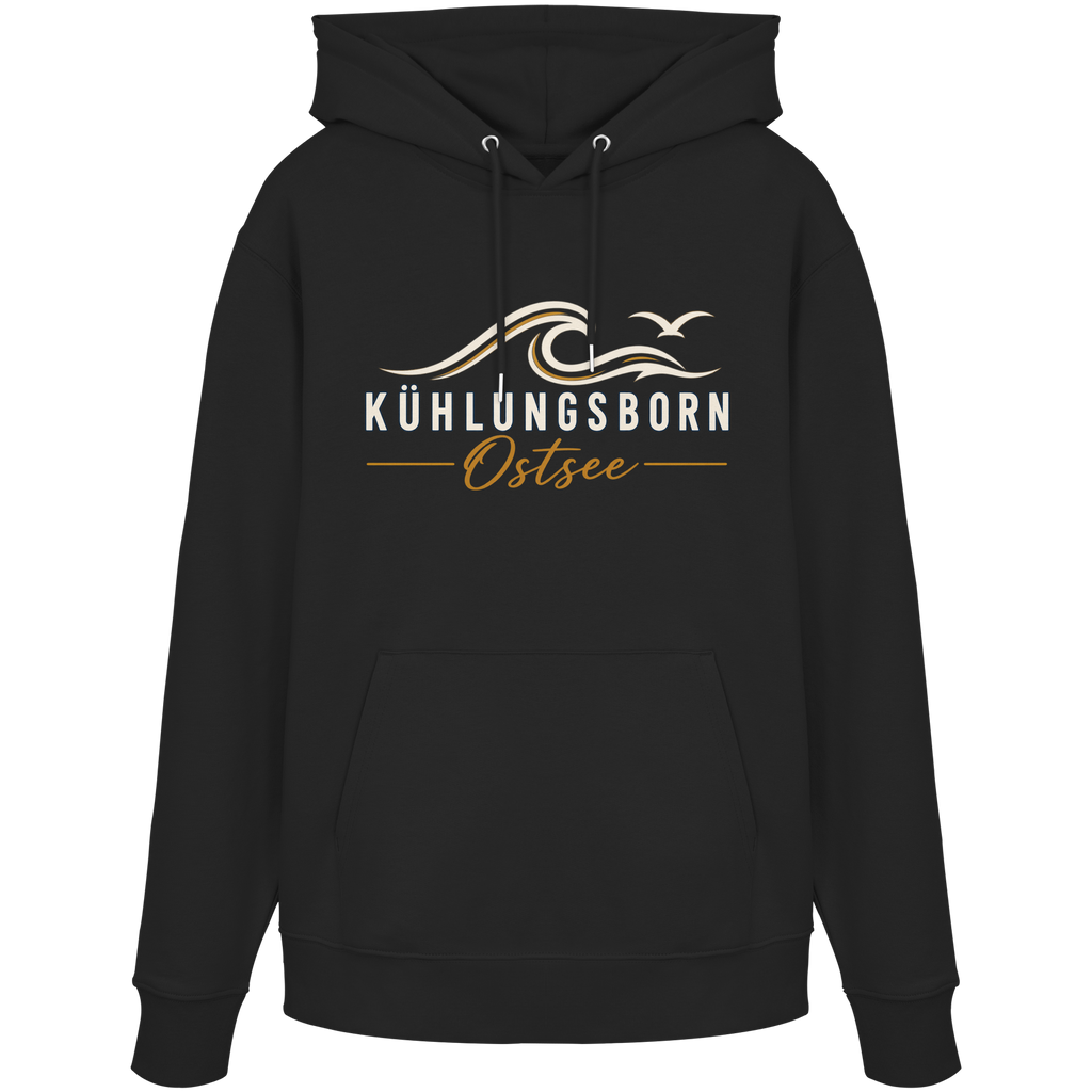 Shirtigo-Originalmockup: Bio-Hoodie Kühlungsborn Baltic Waves, Dark Edition, Black, Vorderansicht mit Motiv.