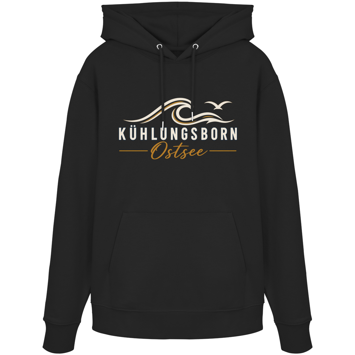 Shirtigo-Originalmockup: Bio-Hoodie Kühlungsborn Baltic Waves, Dark Edition, Black, Vorderansicht mit Motiv.