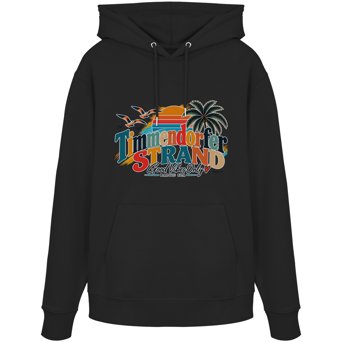 Unisex-Hoodie in Black mit Timmendorfer-Strand-Good-Vibes-Only-Frontprint, originales Shirtigo-Mockup.