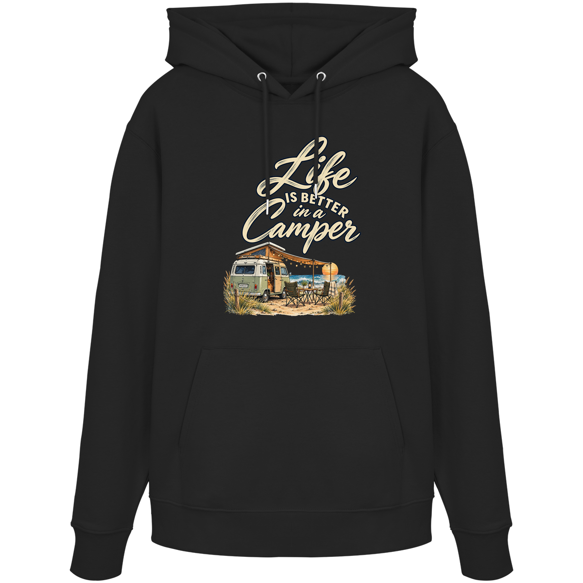 Bio Hoodie in Black mit „Life is better in a Camper“-Motiv – Vorderansicht für Vanlife- und Campingfans