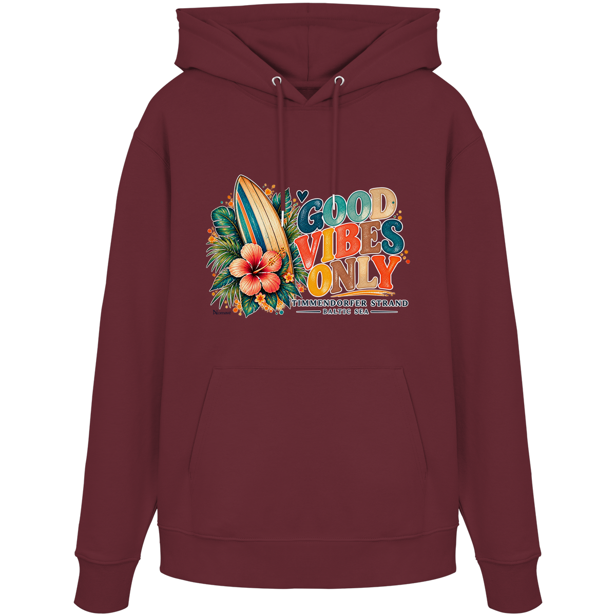 Timmendorfer Strand – Surf Vibes – Unisex Bio-Hoodie mit Frontprint in Burgundy – Katalog-Vorderansicht mit Surfboard, Hibiskus und Good-Vibes-Only-Frontprint.