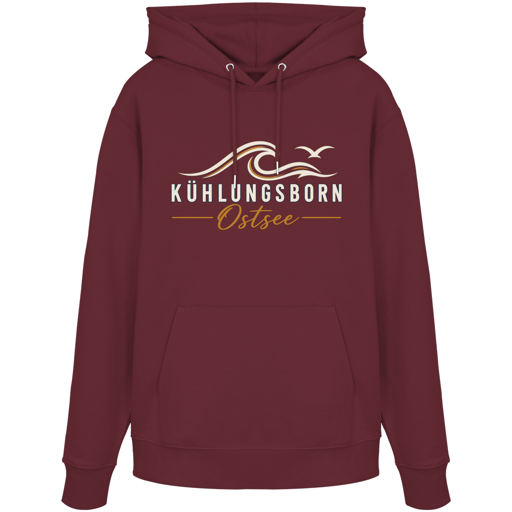 Shirtigo-Originalmockup: Bio-Hoodie Kühlungsborn Baltic Waves, Dark Edition, Burgundy, Vorderansicht mit Motiv.