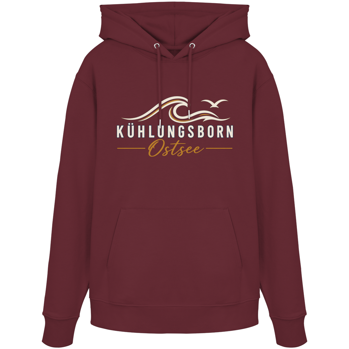 Shirtigo-Originalmockup: Bio-Hoodie Kühlungsborn Baltic Waves, Dark Edition, Burgundy, Vorderansicht mit Motiv.