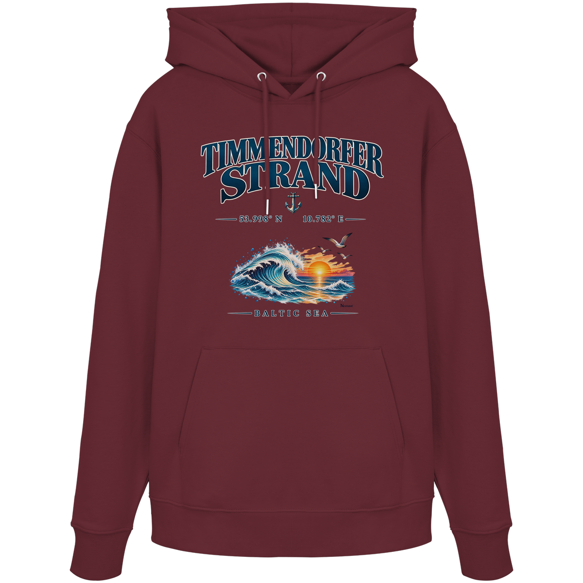 Original-Mockup 7: Unisex Bio-Hoodie in Burgundy mit Timmendorfer Strand – Baltic Sea Frontprint.