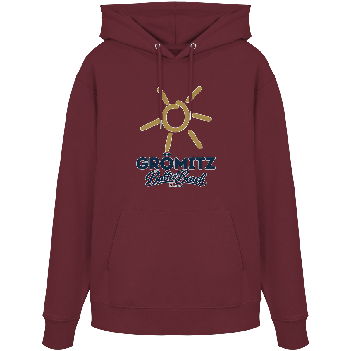 Bio Unisex Hoodie Grömitz Sonne Baltic Beach in Burgundy – Frontdruck mit goldener Sonne, Shirtigo-Originalmockup 11