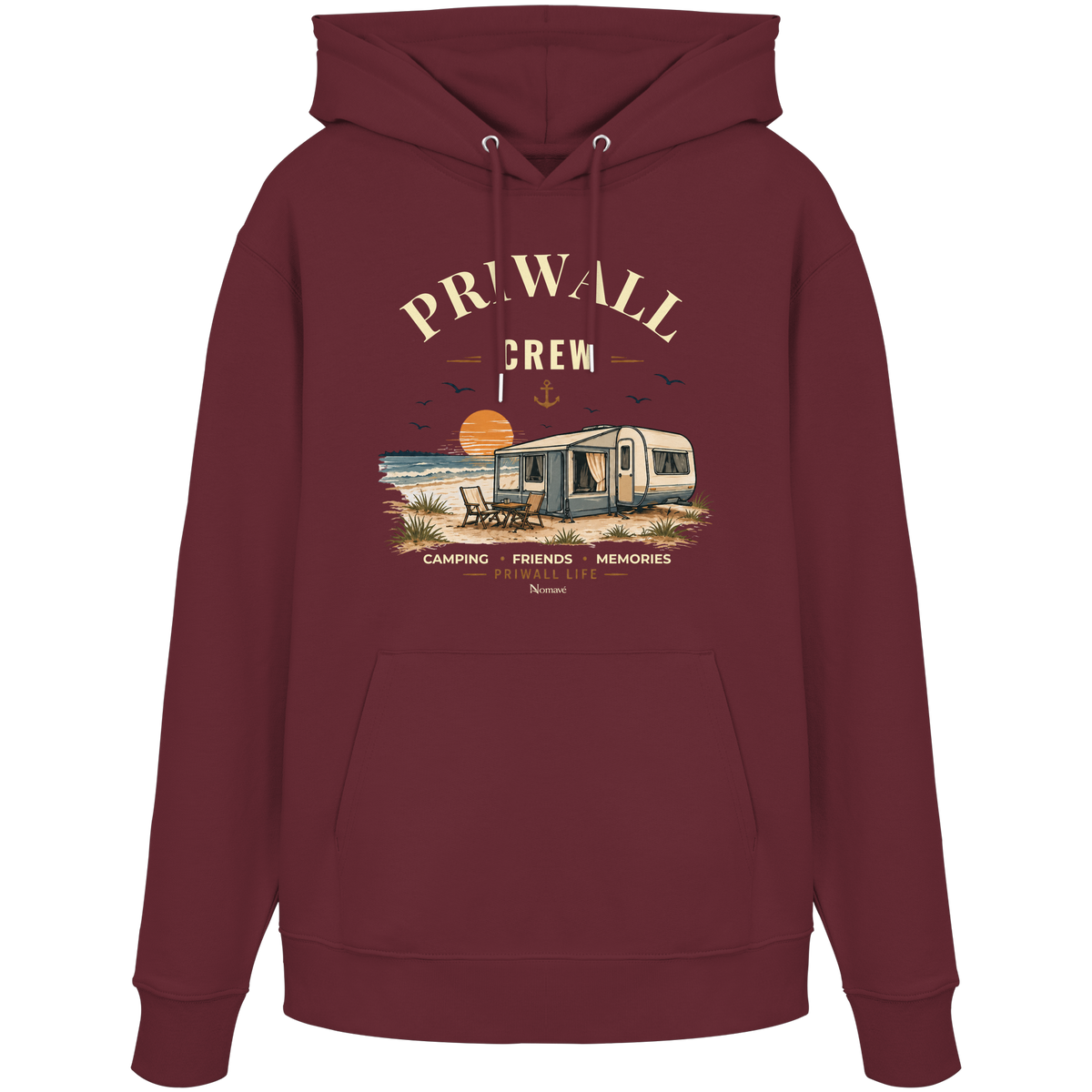 Bio Hoodie Kapuzenpullover in Burgundy mit korrigiertem Priwall-Crew-Motiv der Dark Edition – Vorderansicht