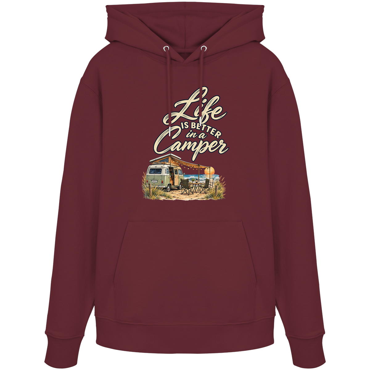 Bio Hoodie in Burgundy mit „Life is better in a Camper“-Motiv – Vorderansicht für Vanlife- und Campingfans