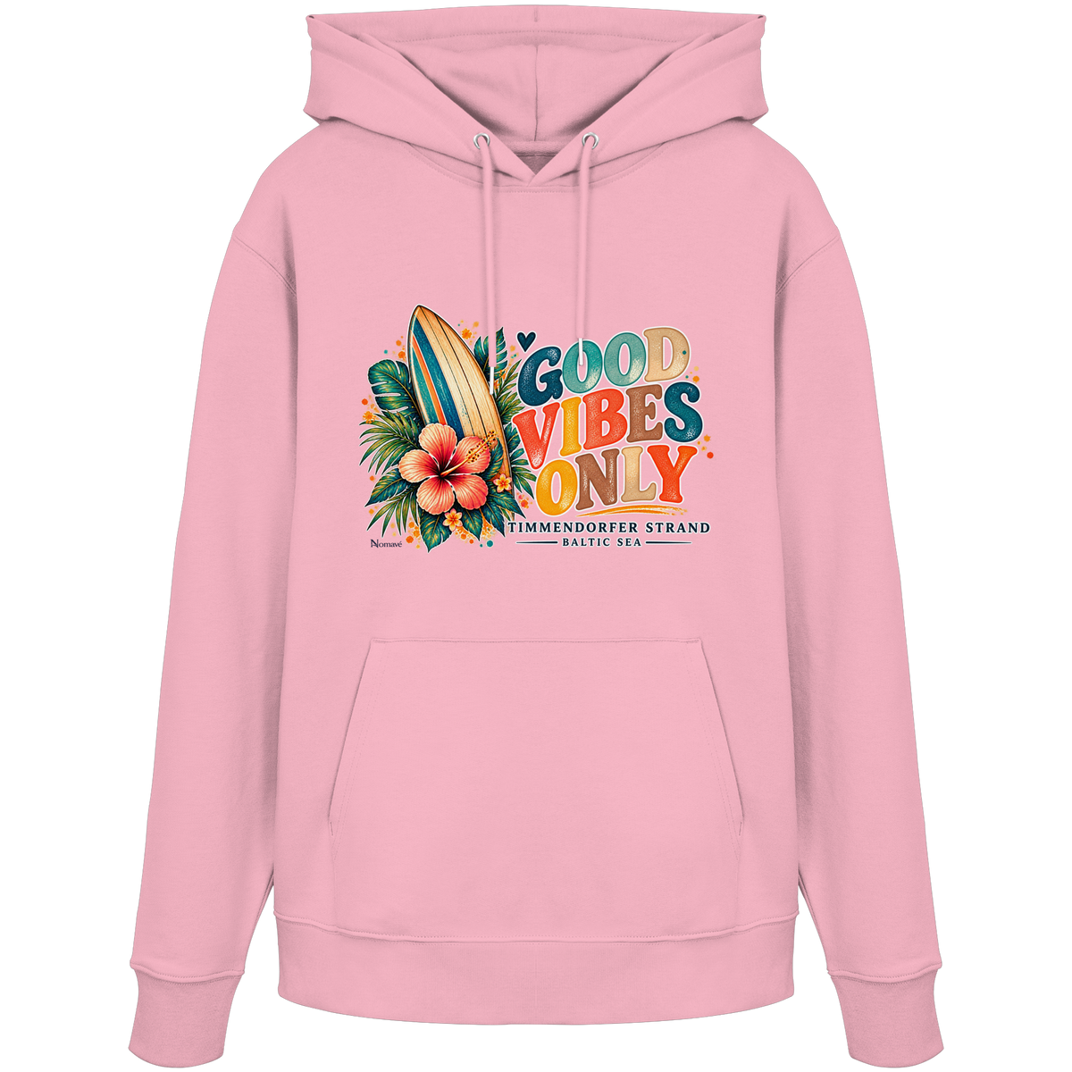 Timmendorfer Strand – Surf Vibes – Unisex Bio-Hoodie mit Frontprint in Cotton Pink – Katalog-Vorderansicht mit Surfboard, Hibiskus und Good-Vibes-Only-Frontprint.