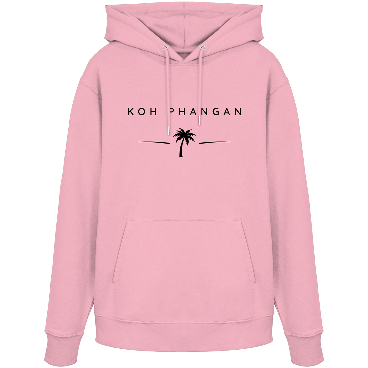 Frontansicht des Bio Hoodie in Cotton Pink mit Koh Phangan Minimal Palm Frontprint