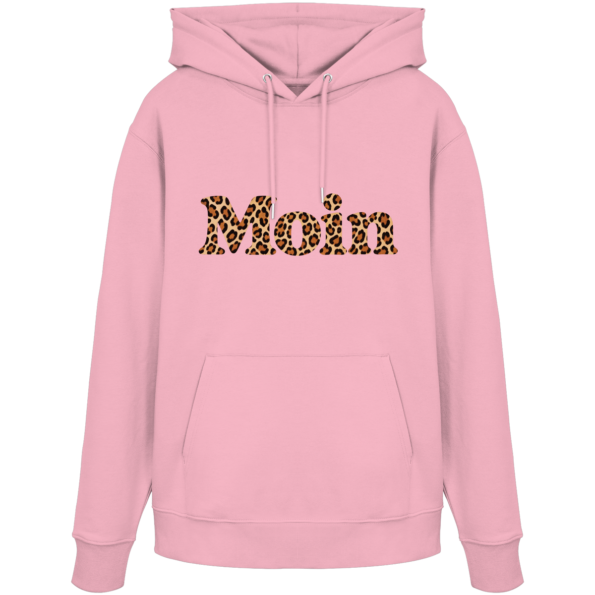 Original-Shirtigo-Mockup: Bio Unisex Hoodie in Cotton Pink mit lesbarem „Moin“ im Karamell-Leoprint als Frontprint