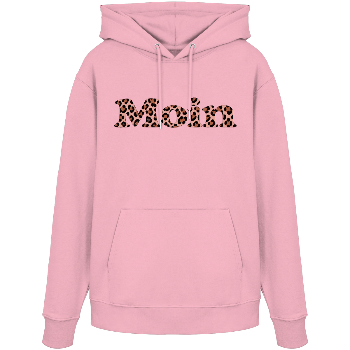 Bio-Unisex-Hoodie in Cotton Pink von vorne mit Moin-Leo-Blush-Pink-Motiv.
