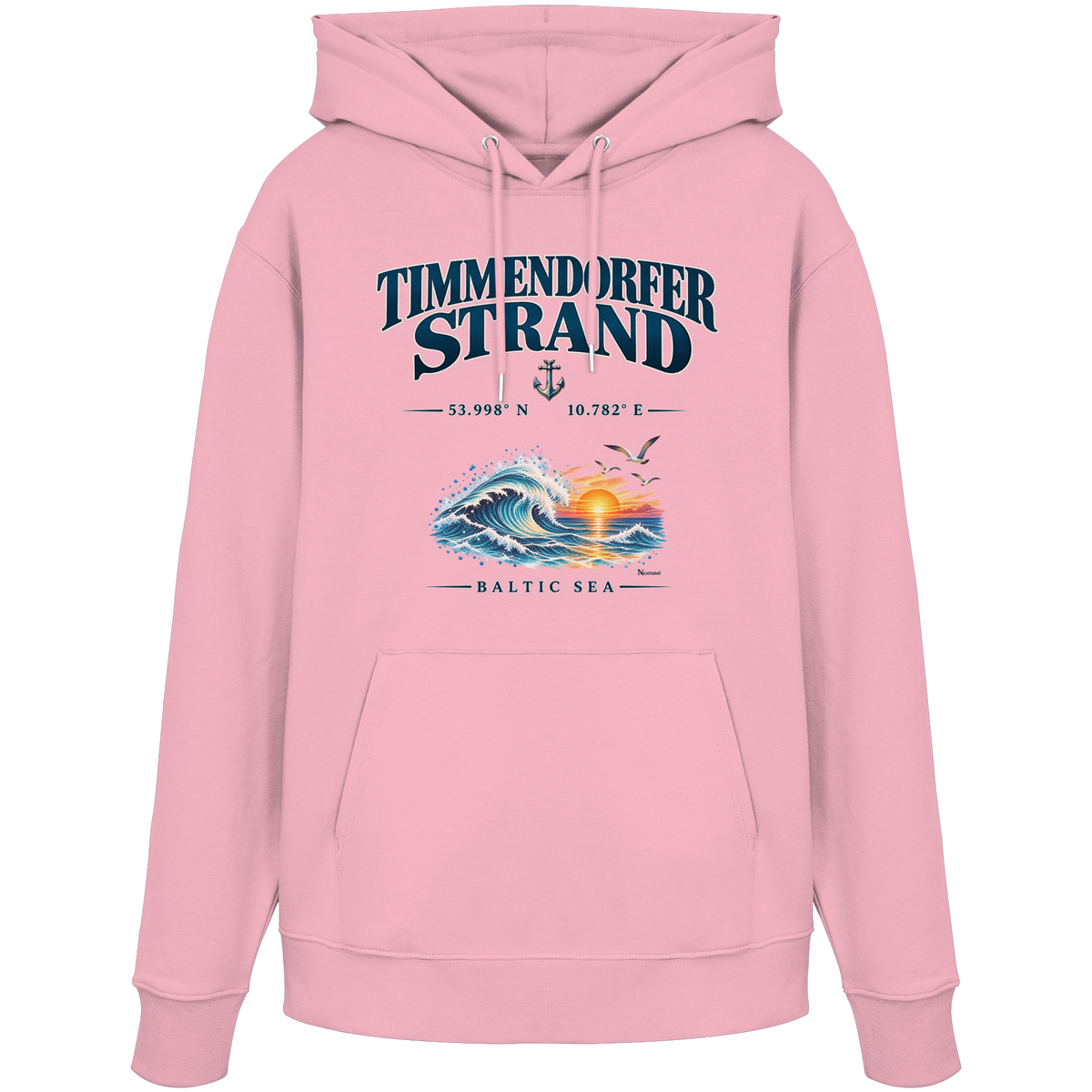 Original-Mockup 11: Unisex Bio-Hoodie in Cotton Pink mit Timmendorfer Strand – Baltic Sea Frontprint.