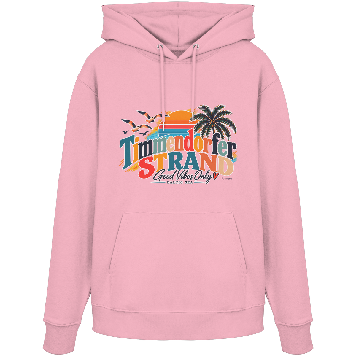 Unisex-Hoodie in Cotton Pink mit Timmendorfer-Strand-Good-Vibes-Only-Frontprint, originales Shirtigo-Mockup.