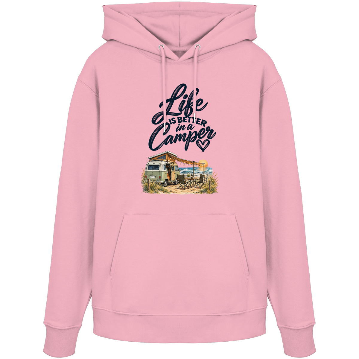 Bio Hoodie Kapuzenpullover mit „Life is better in a Camper“-Motiv – Vorderansicht in Cotton Pink für Vanlife- und Campingfans