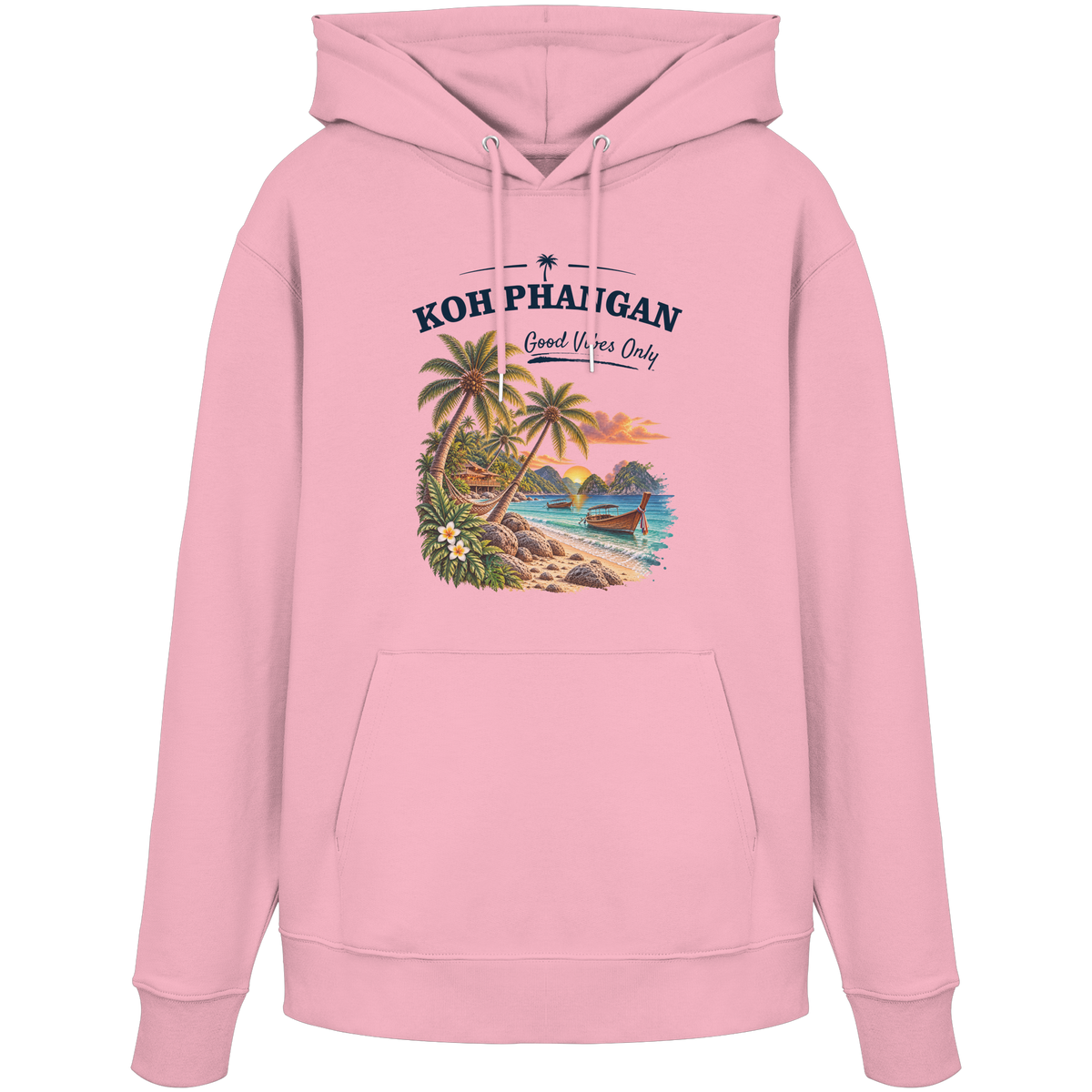 Koh Phangan Good Vibes Only – Bio Hoodie – Original-Mockup organic hoodie cotton pink mit Frontprint
