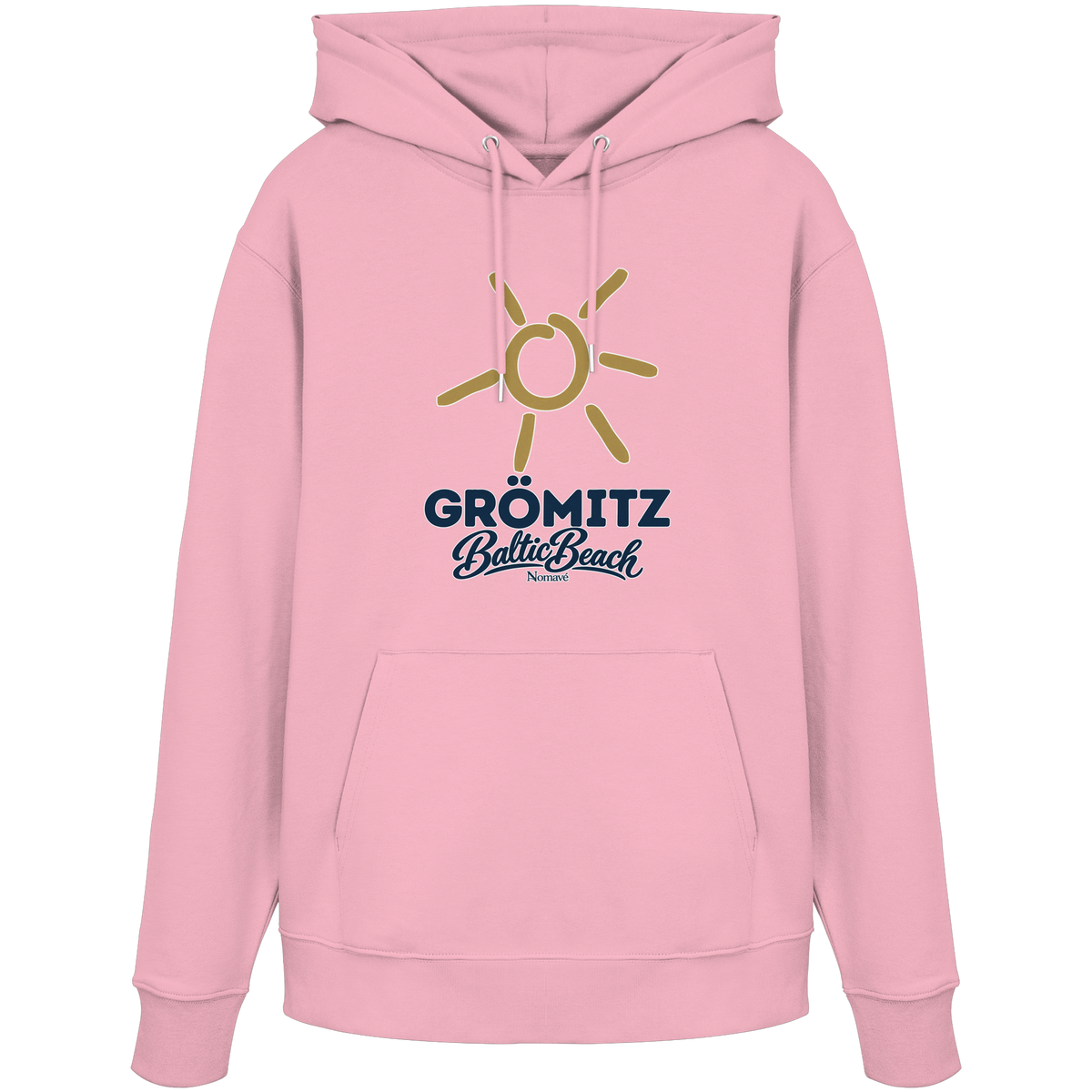 Bio Unisex Hoodie Grömitz Sonne Baltic Beach in Cotton Pink – Frontdruck mit goldener Sonne, Shirtigo-Originalmockup 9