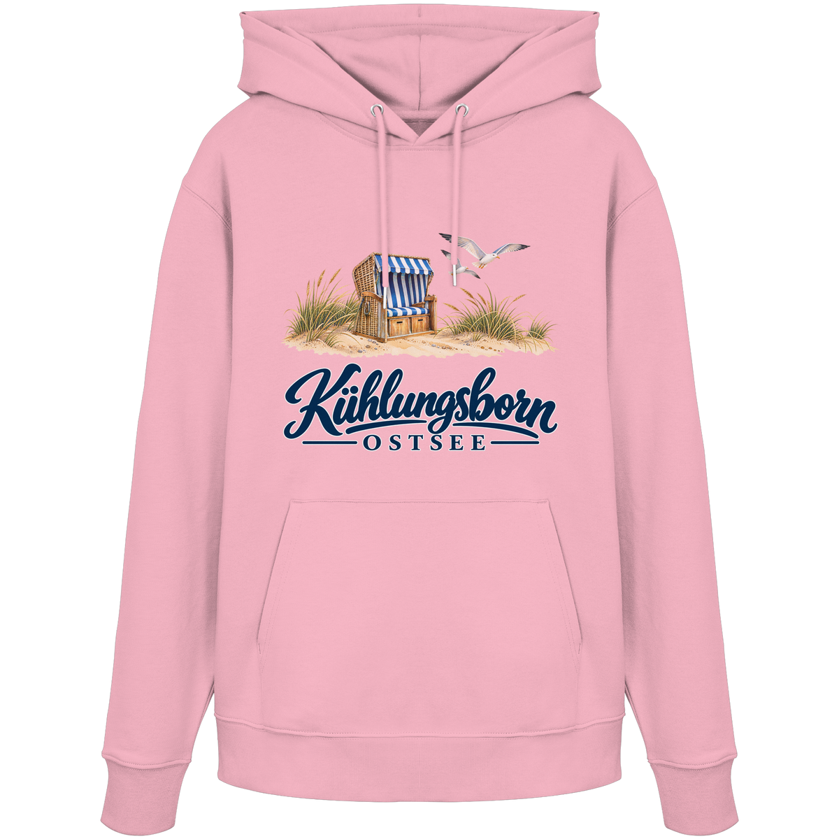 Bio-Unisex-Hoodie Kühlungsborn – Strandkorb & Ostsee in Cotton Pink, Shirtigo-Originalmockup der Vorderseite mit Strandkorbmotiv.