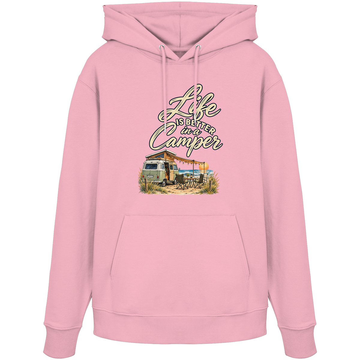 Bio Hoodie in Cotton Pink mit „Life is better in a Camper“-Motiv – Vorderansicht für Vanlife- und Campingfans