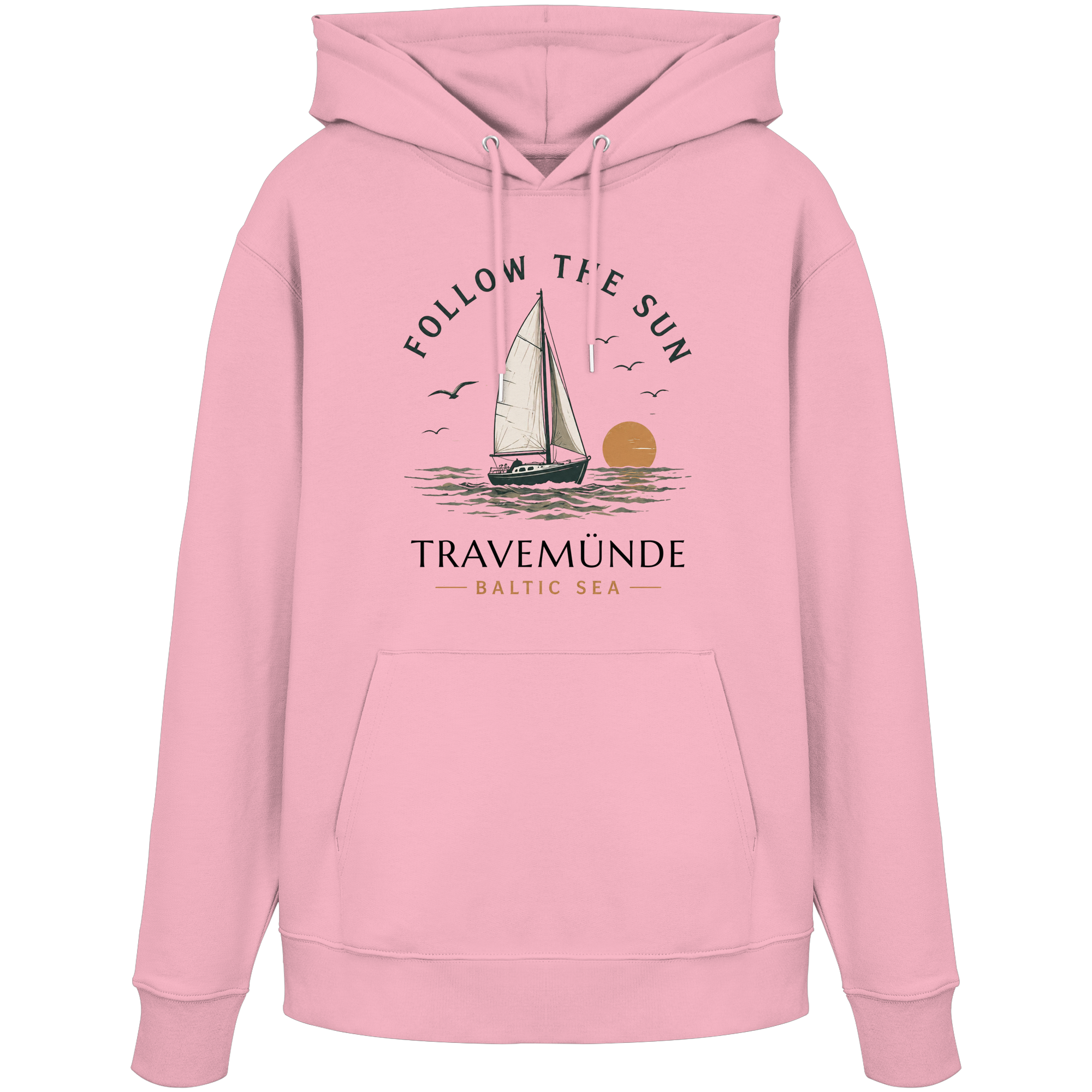 Travemünde Follow the Sun Hoodie in Cotton Pink mit Segelboot Motiv und Baltic Sea Design