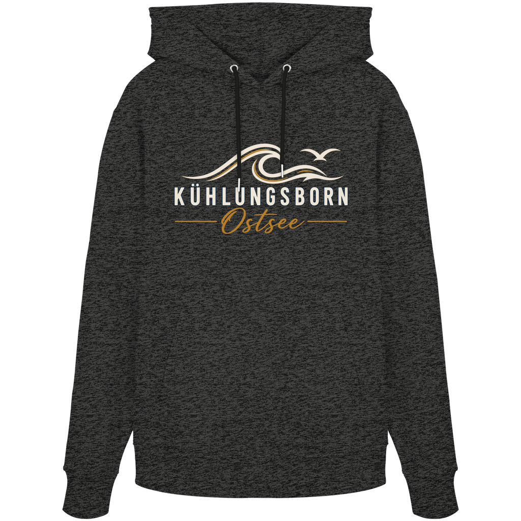 Shirtigo-Originalmockup: Bio-Hoodie Kühlungsborn Baltic Waves, Dark Edition, Dark Heather Grey, Vorderansicht mit Motiv.