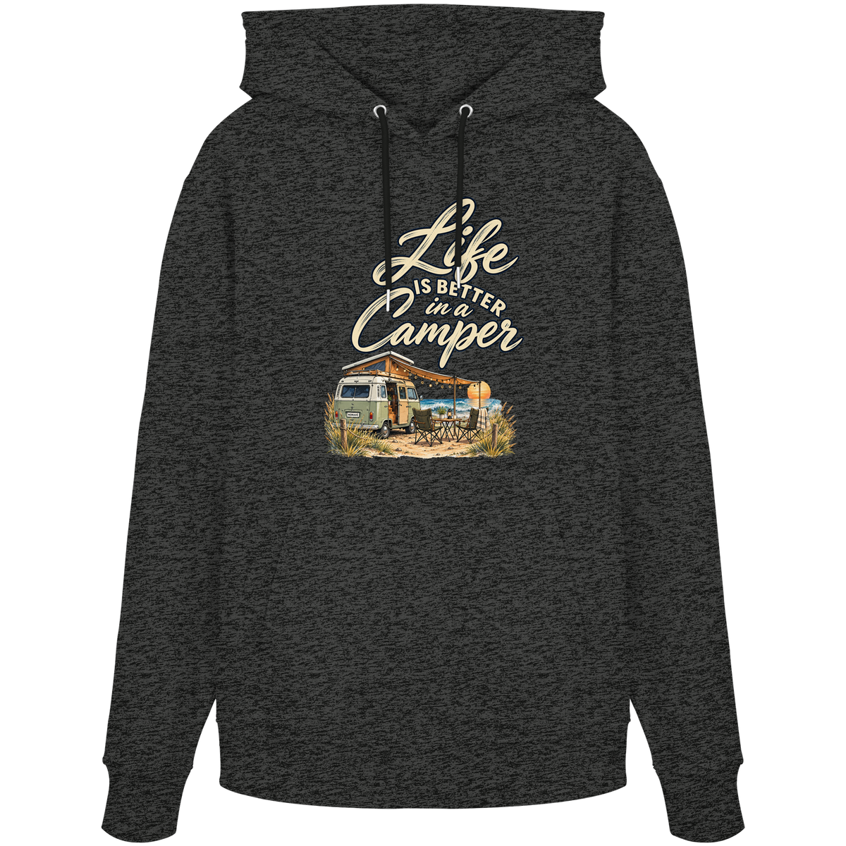 Bio Hoodie in Dark Heather Grey mit „Life is better in a Camper“-Motiv – Vorderansicht für Vanlife- und Campingfans
