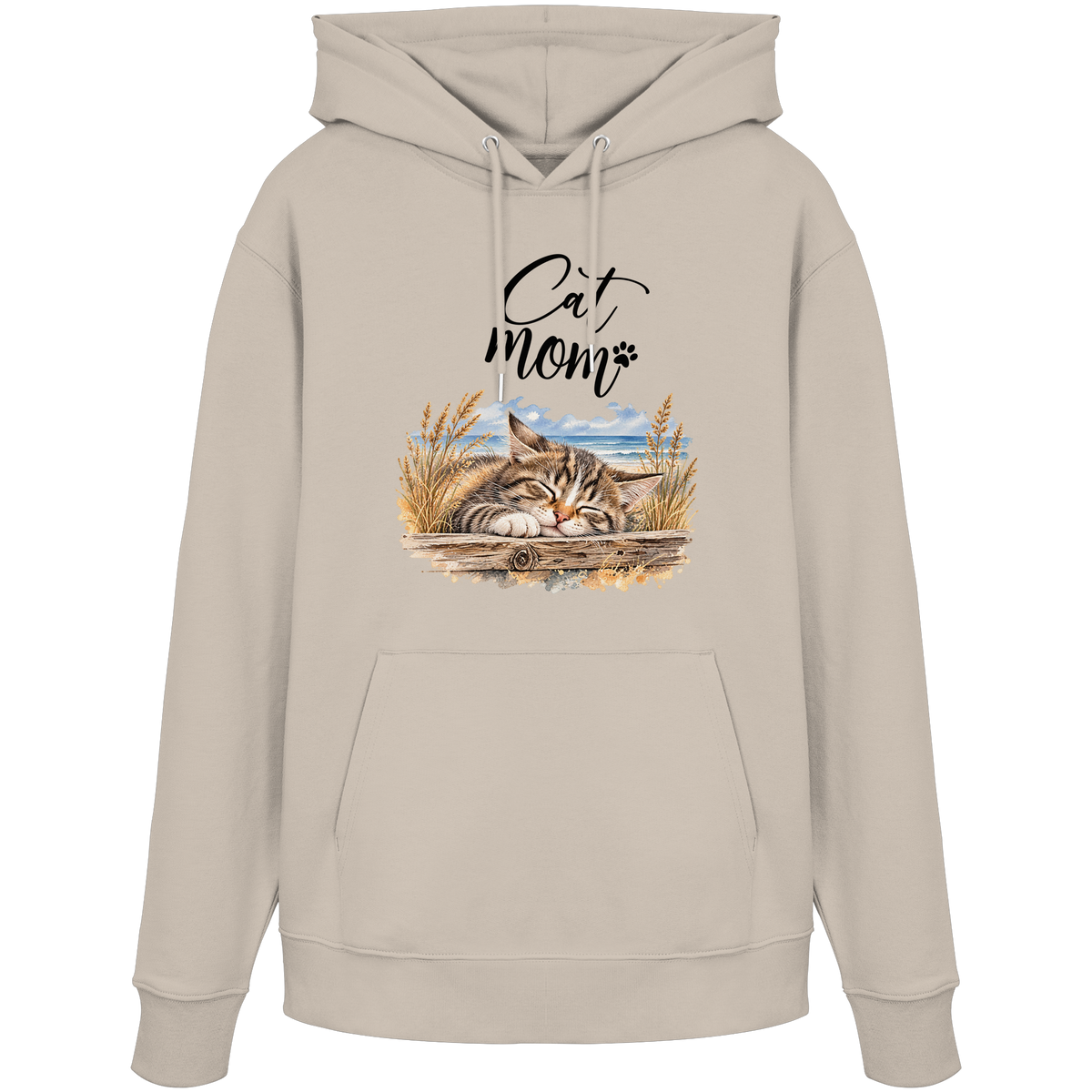 Unisex Bio-Hoodie in Desert Dust mit Cat-Mom-Katzenmotiv als Frontprint – Vorderansicht im Original-Mockup.