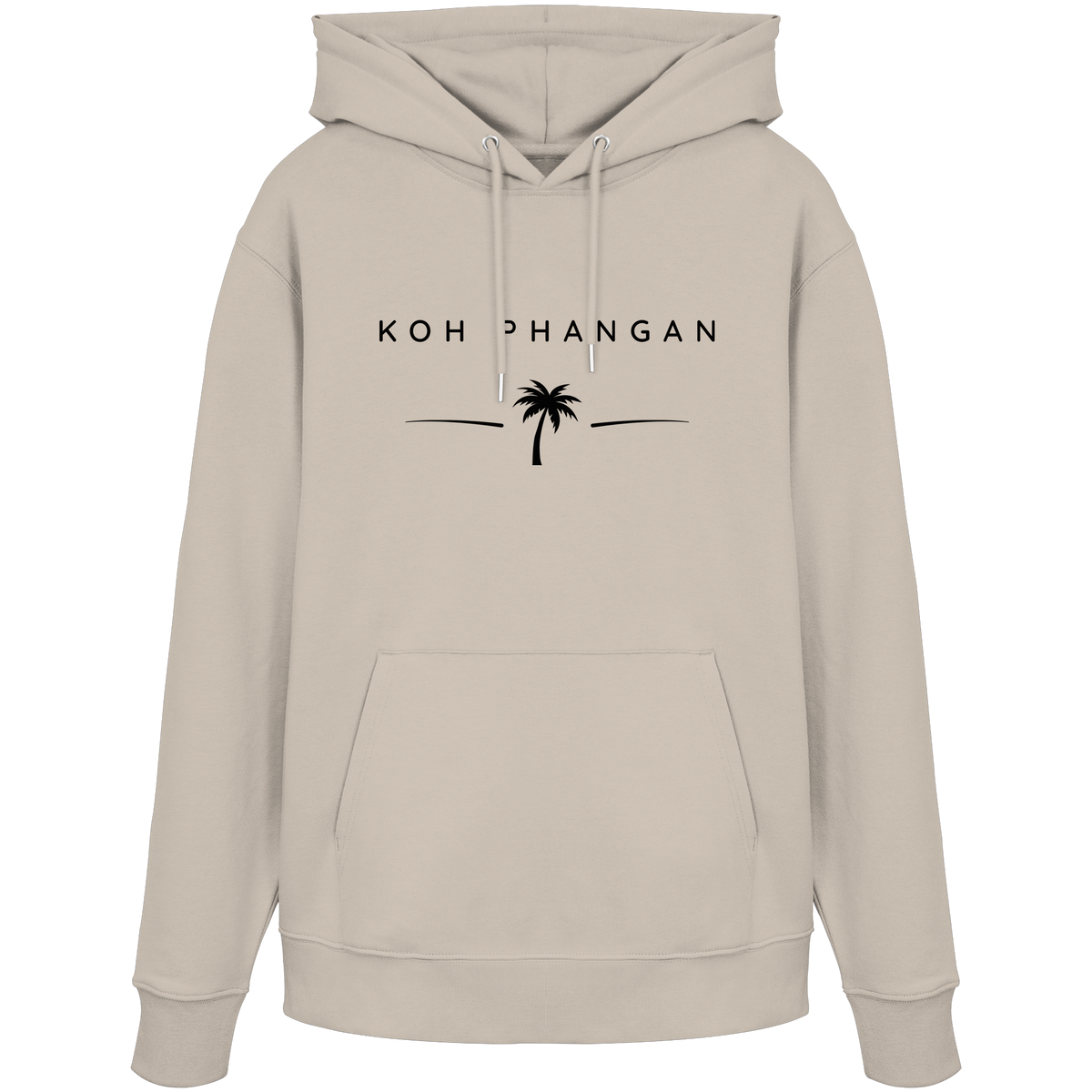 Frontansicht des Bio Hoodie in Desert Dust mit Koh Phangan Minimal Palm Frontprint