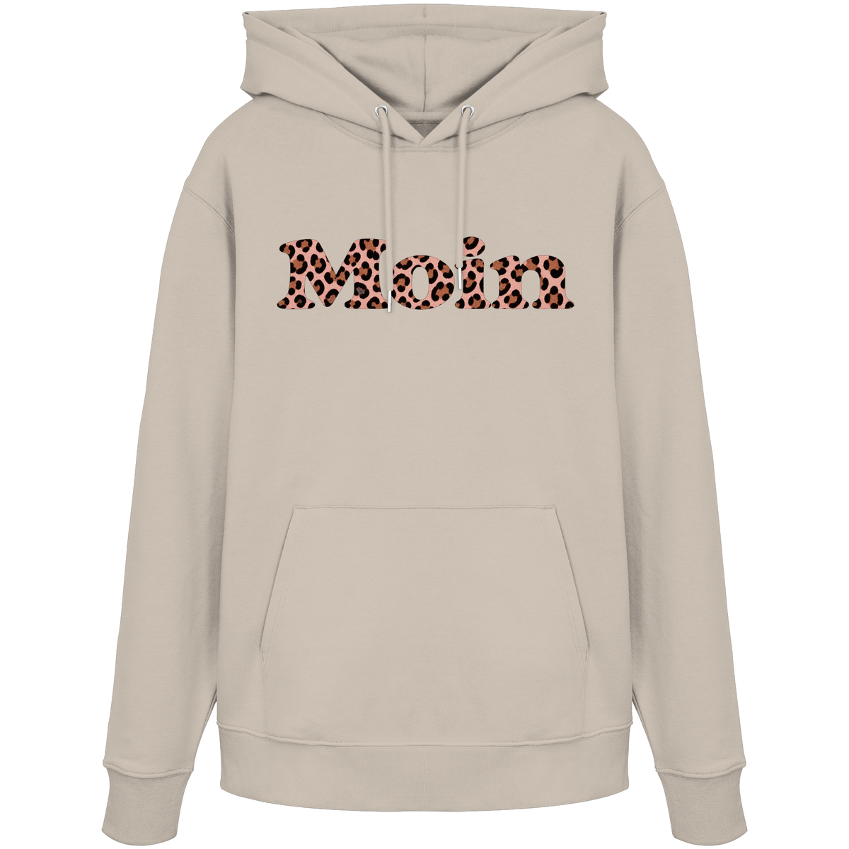 Bio-Unisex-Hoodie in Desert Dust von vorne mit Moin-Leo-Blush-Pink-Motiv.