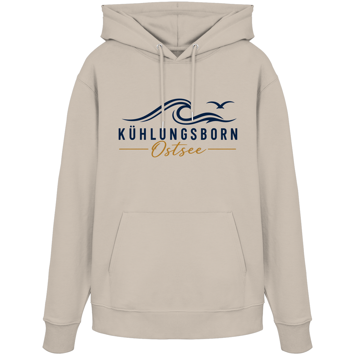 Kühlungsborn Baltic Waves Bio-Unisex-Hoodie Light Edition in Desert Dust – originales Shirtigo-Frontmockup