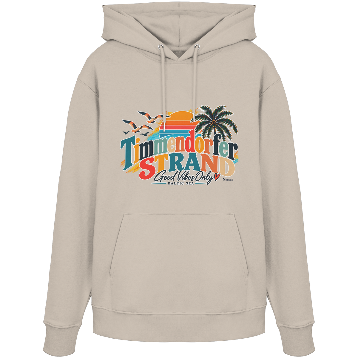 Unisex-Hoodie in Desert Dust mit Timmendorfer-Strand-Good-Vibes-Only-Frontprint, originales Shirtigo-Mockup.