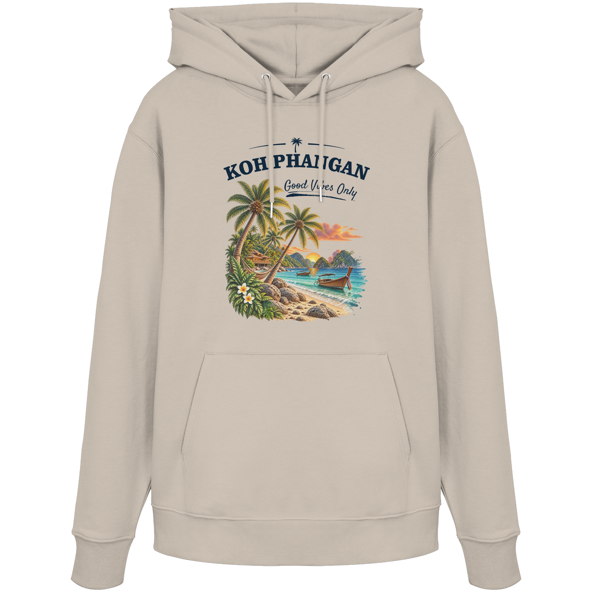 Koh Phangan Good Vibes Only – Bio Hoodie – Original-Mockup organic hoodie desert dust mit Frontprint