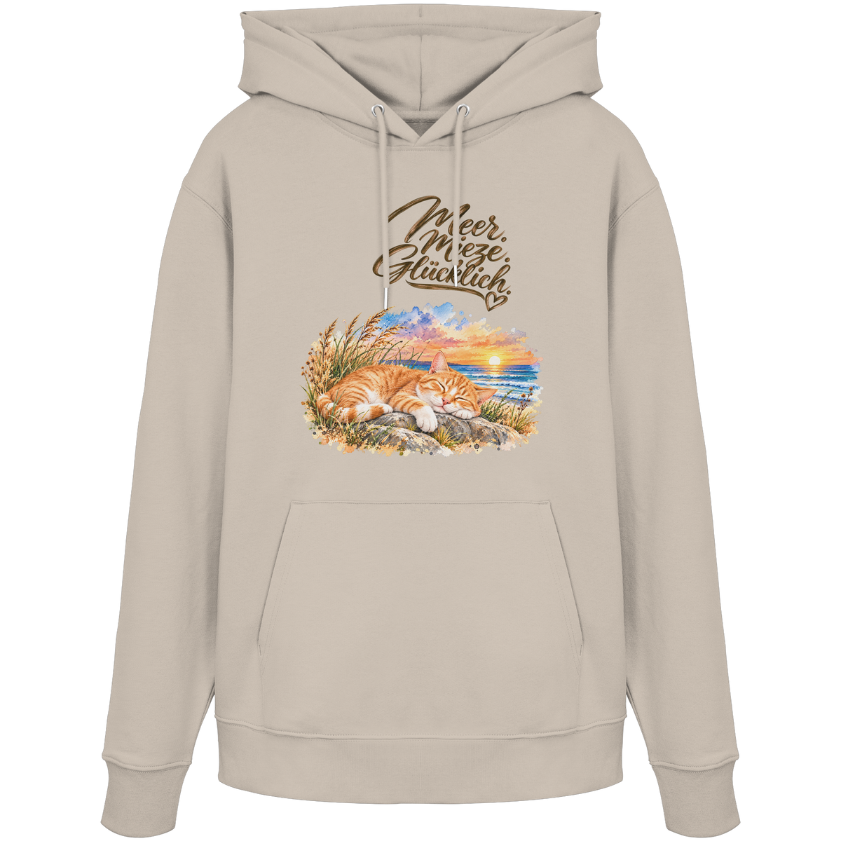 Unisex Bio-Hoodie in Desert Dust mit „Meer. Mieze. Glücklich.“ als Frontprint – Original-Mockup