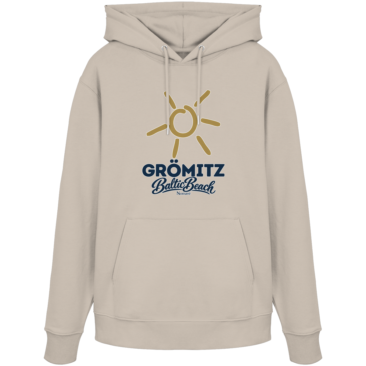 Bio Unisex Hoodie Grömitz Sonne Baltic Beach in Desert Dust – Frontdruck mit goldener Sonne, Shirtigo-Originalmockup 5