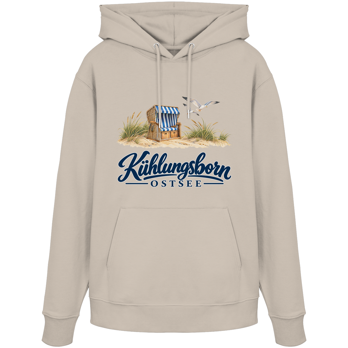 Bio-Unisex-Hoodie Kühlungsborn – Strandkorb & Ostsee in Desert Dust, Shirtigo-Originalmockup der Vorderseite mit Strandkorbmotiv.