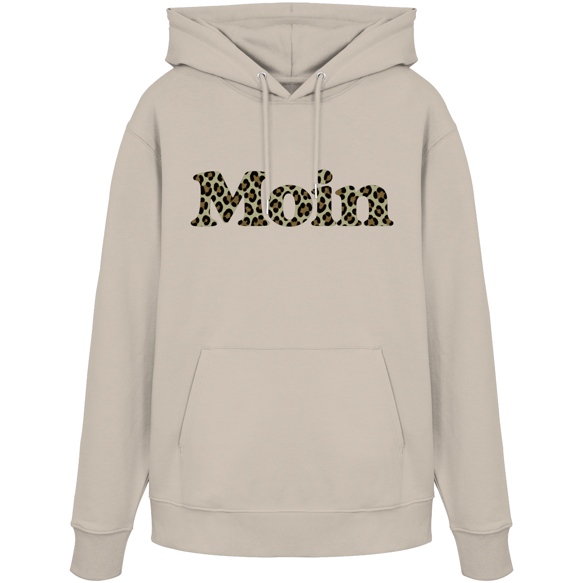 Bio Unisex Hoodie in Desert Dust mit Moin-Leoprint in Sage Green als Frontprint, Original-Mockup.