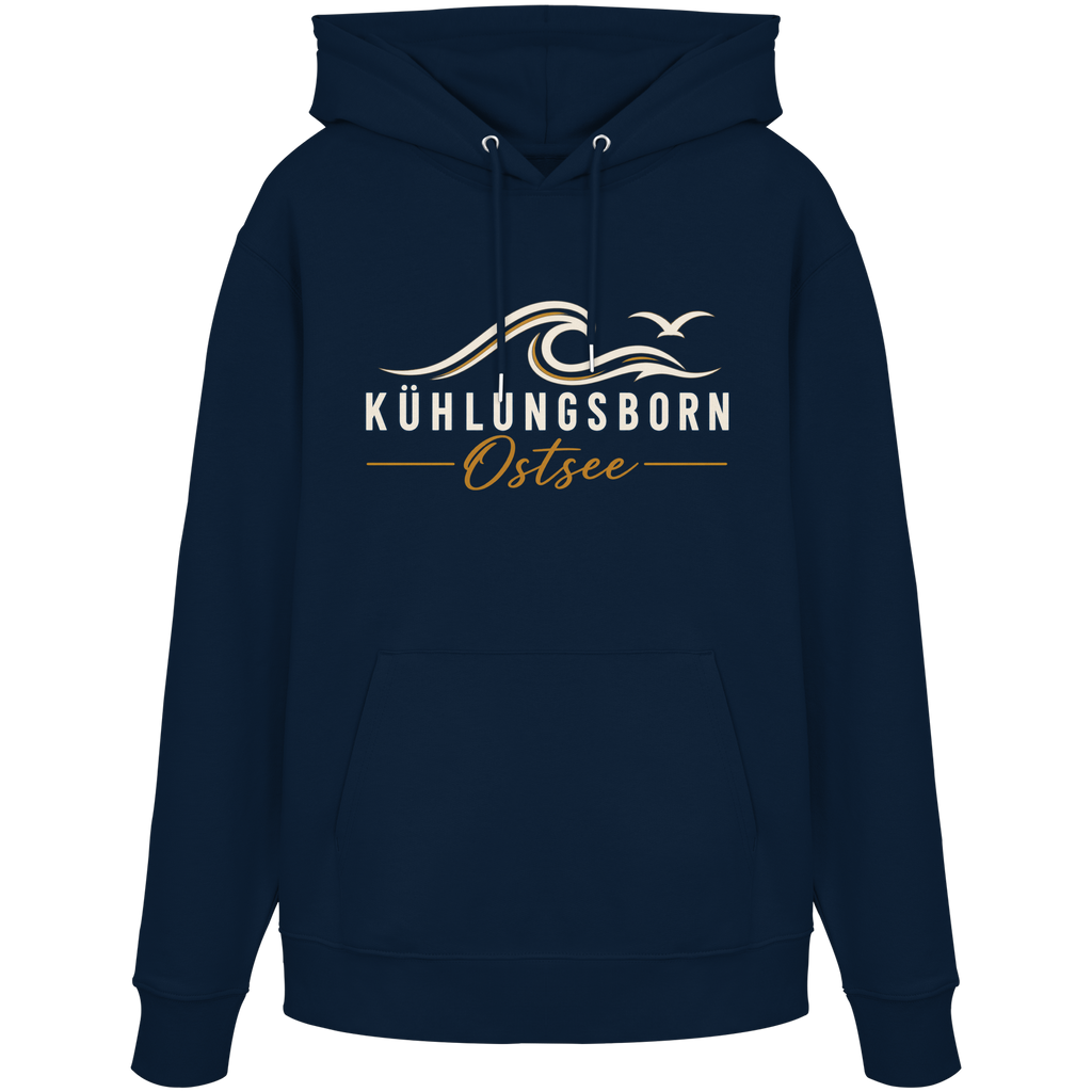 Shirtigo-Originalmockup: Bio-Hoodie Kühlungsborn Baltic Waves, Dark Edition, French Navy, Vorderansicht mit Motiv.