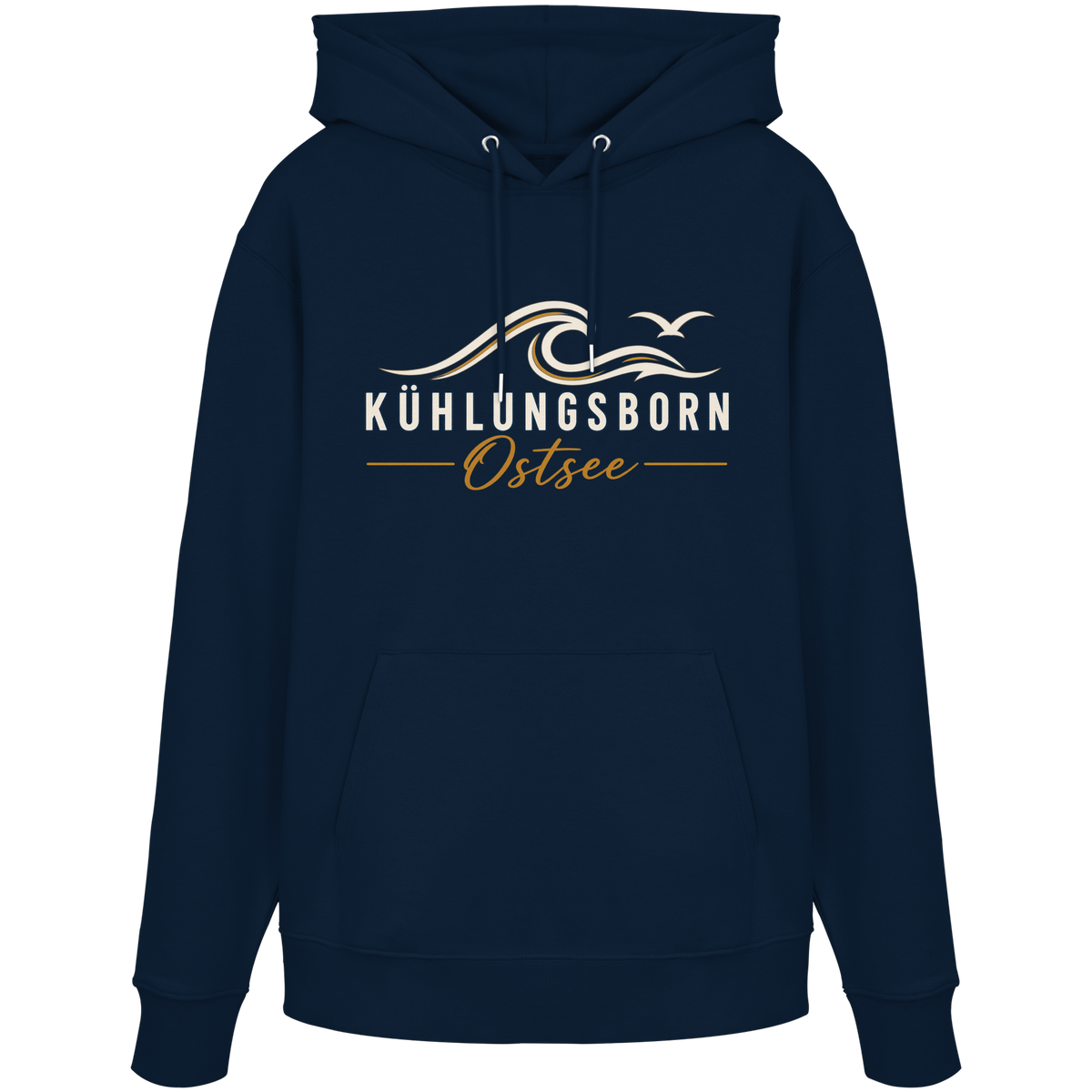 Shirtigo-Originalmockup: Bio-Hoodie Kühlungsborn Baltic Waves, Dark Edition, French Navy, Vorderansicht mit Motiv.
