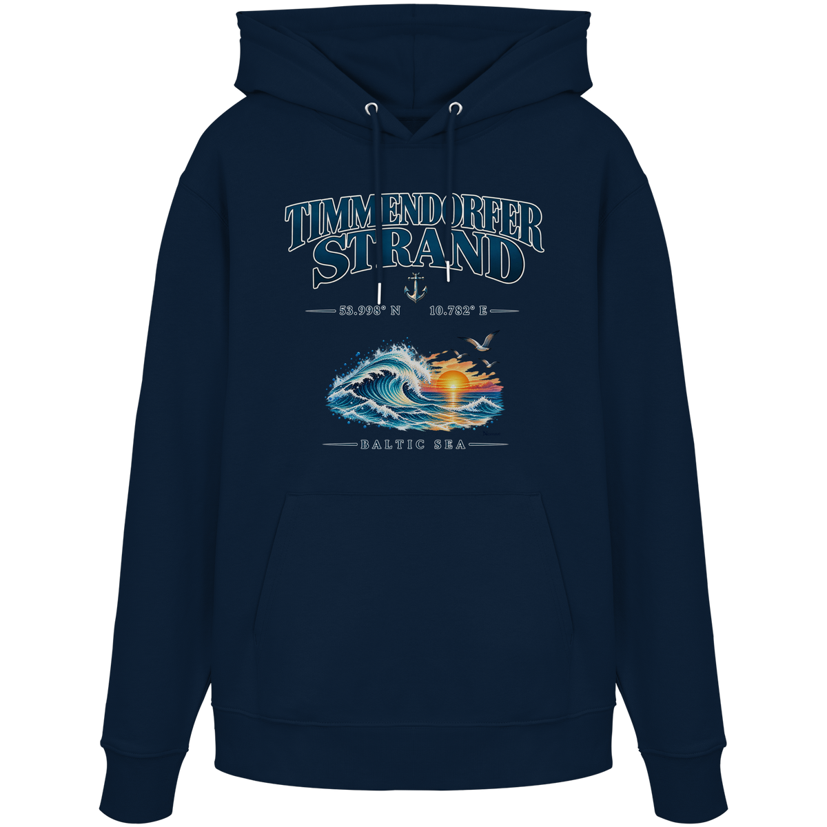 Original-Mockup 12: Unisex Bio-Hoodie in French Navy mit Timmendorfer Strand – Baltic Sea Frontprint.