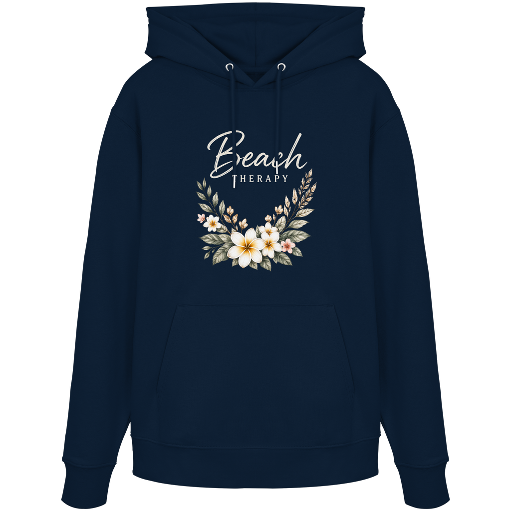 Unisex Bio-Hoodie in French Navy mit floralem Beach-Therapy-Frontprint – Original-Mockup, Vorderansicht.