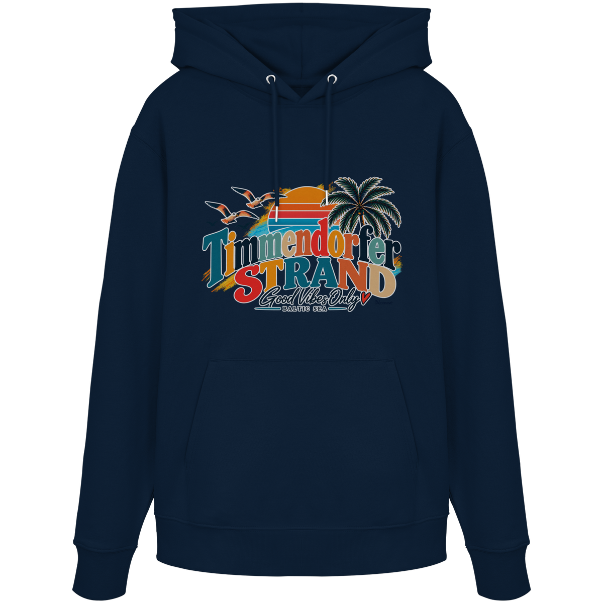 Unisex-Hoodie in French Navy mit Timmendorfer-Strand-Good-Vibes-Only-Frontprint, originales Shirtigo-Mockup.