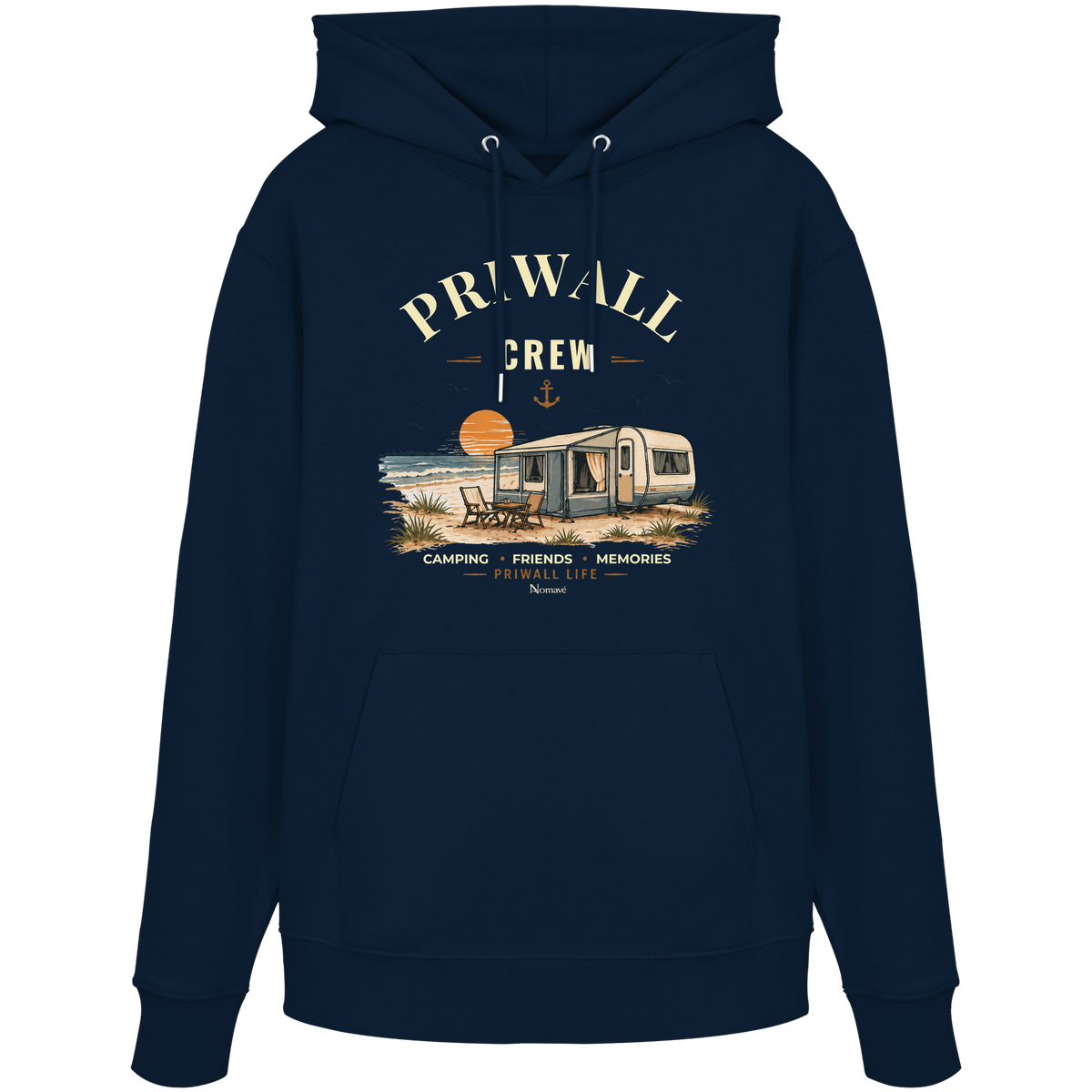 Bio Hoodie Kapuzenpullover in French Navy mit korrigiertem Priwall-Crew-Motiv der Dark Edition – Vorderansicht