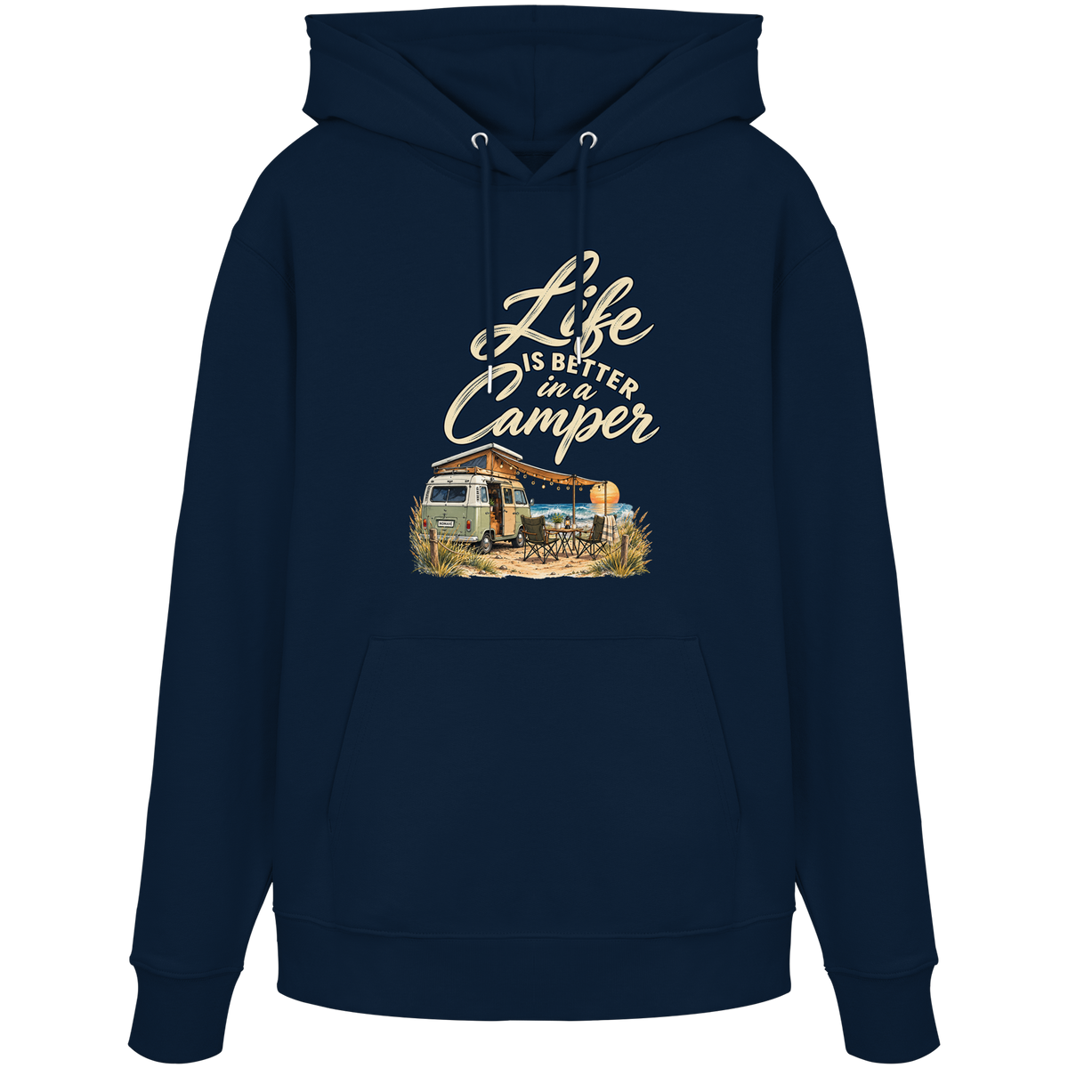 Bio Hoodie in French Navy mit „Life is better in a Camper“-Motiv – Vorderansicht für Vanlife- und Campingfans