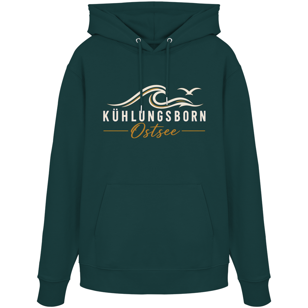 Shirtigo-Originalmockup: Bio-Hoodie Kühlungsborn Baltic Waves, Dark Edition, Glazed Green, Vorderansicht mit Motiv.